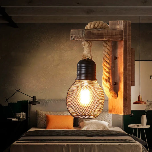 Vägglampa i trä och rep – vintage industriell design för sovrum, vardagsrum och hall