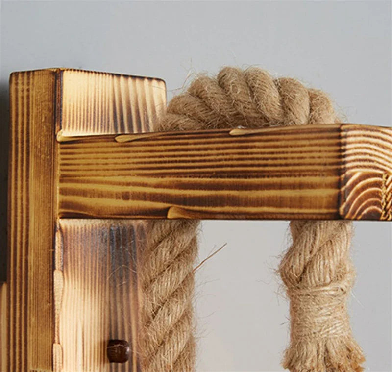 Vägglampa i trä och rep – vintage industriell design för sovrum, vardagsrum och hall
