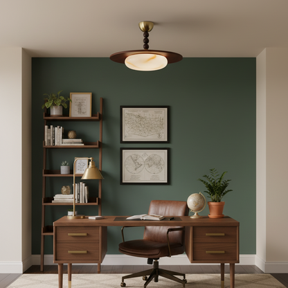 Modern taklampa i alabaster och trä med mässingsdetaljer – LED plafond för vardagsrum, kök och matsal