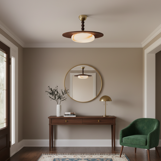 Modern taklampa i alabaster och trä med mässingsdetaljer – LED plafond för vardagsrum, kök och matsal