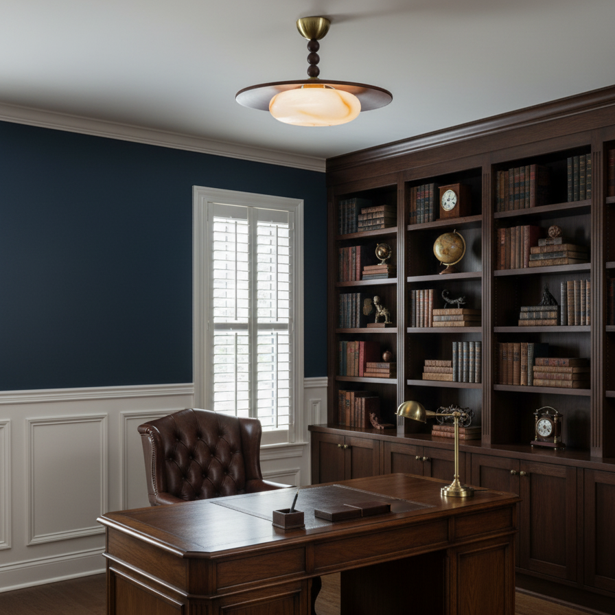 Modern taklampa i alabaster och trä med mässingsdetaljer – LED plafond för vardagsrum, kök och matsal