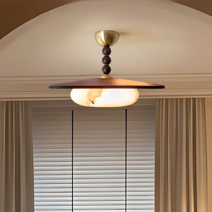 Modern taklampa i alabaster och trä med mässingsdetaljer – LED plafond för vardagsrum, kök och matsal