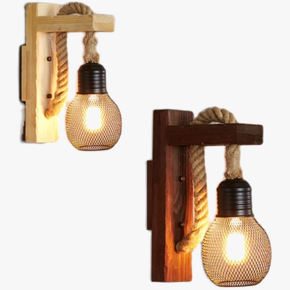 Vägglampa i trä och rep – vintage industriell design för sovrum, vardagsrum och hall