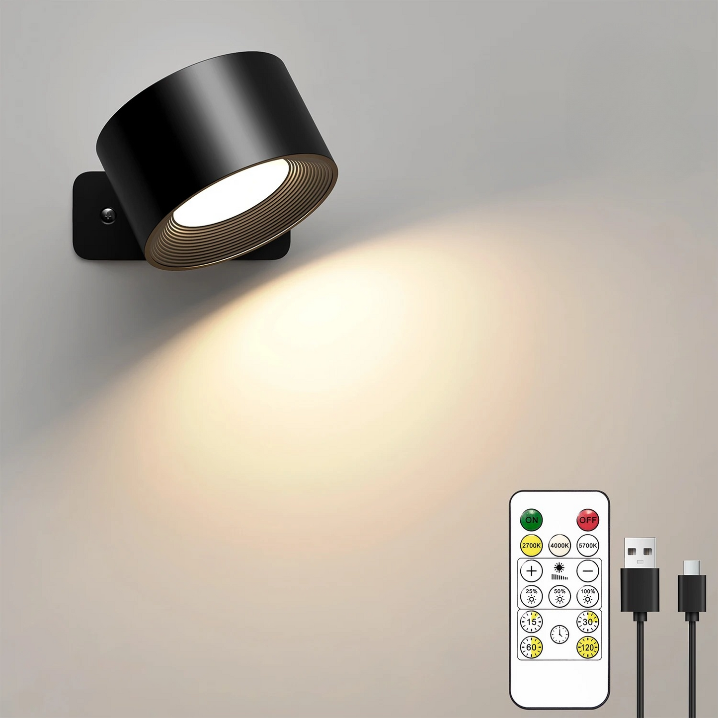Uppladdningsbar LED vägglampa med fjärrkontroll dimbart ljus och 3 färglägen