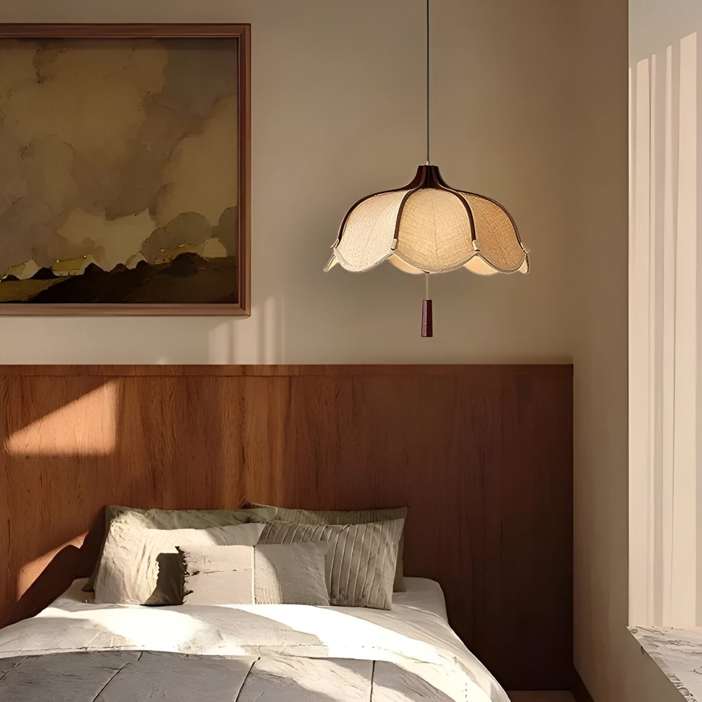 Japansk wabi-sabi taklampa i tyg och metall med justerbar höjd för sovrum matsal vardagsrum