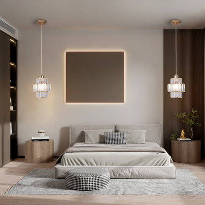 Elegant kristallpendel i svart eller guld med justerbar höjd och varm LED